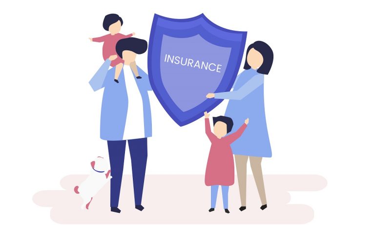 Character of a family holding an insurance illustration